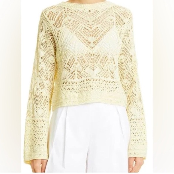 NWT. VINCE Lace Patchwork Pullover Organic Cotton Sweater in Pale Yellow size L - Picture 4 of 11